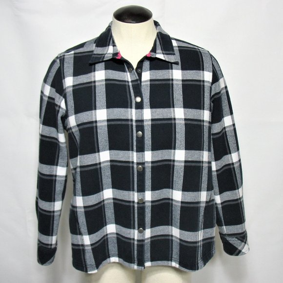 Women's Orvis Plaid Flannel Jacket Fleece Lining Button Snap Black White Sz 2XL - Picture 1 of 7